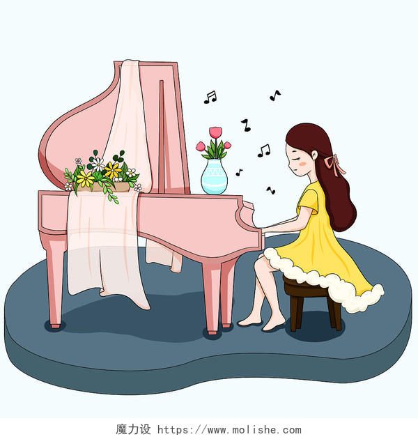卡通手绘艺术漂亮女孩弹钢琴插画素材png